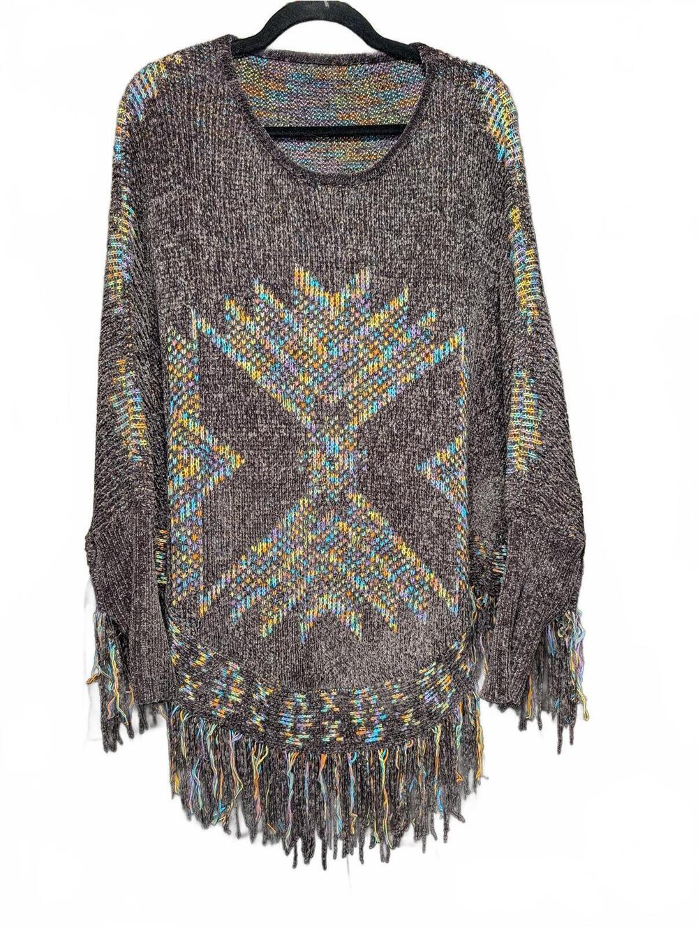 Multicolor Knit Poncho Sweater with Fringe Details - M/L